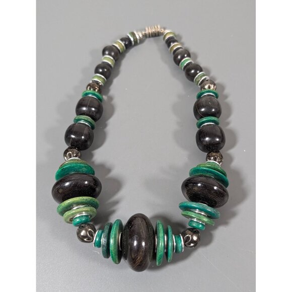 Vintage Green Black Beaded Chunky Tribal Statement Necklace 17" - Picture 2 of 8